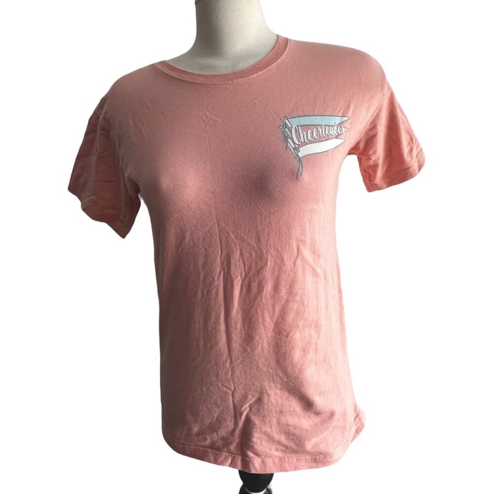 Varsity Spirit Pink Cheerleader with Flags Cotton TShirt Sz Small Womens Short S
